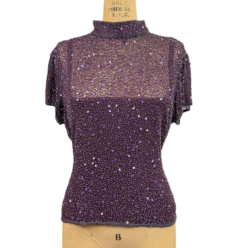 90s Papell Silk Beaded Mock Neck Top Gatsby Art Deco Plum Cocktail Evening  XL